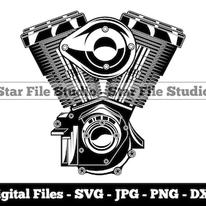 May include: Black and white illustration of a motorcycle engine. The engine is detailed with multiple cylinders and a large, round valve cover.