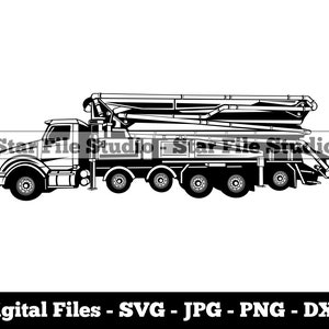 May include: Black and white line art illustration of a concrete pump truck. The truck has a long boom arm with multiple sections that can be extended and rotated to reach different areas. The truck is on a white background.