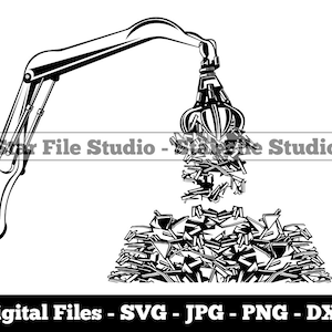Puede incluir: Ilustración en blanco y negro de una grúa de construcción con una garra que agarra un montón de chatarra.