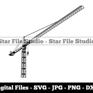 May include: Black and white silhouette of a construction crane with a long arm and a base with a ladder. The crane is isolated on a white background.