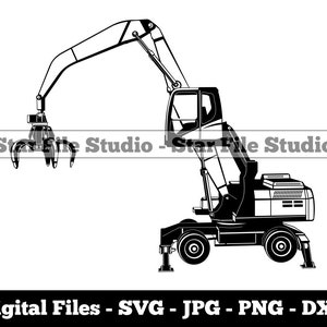May include: Black and white silhouette of a large industrial crane with a claw-like grabber. The crane is on wheels and has a large cab for the operator.