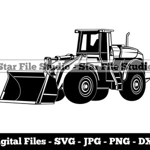 Peut inclure: Silhouette noire et blanche d'un chargeur frontal, un type de matériel lourd utilisé pour la construction et la manutention.