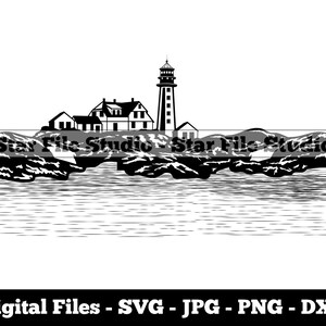 May include: Black and white silhouette of a lighthouse and houses on a rocky island with water in the foreground.