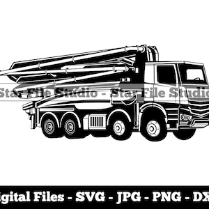 Può includere: Illustrazione in bianco e nero di un camion betoniera. Il camion ha un lungo braccio articolato con un tamburo rotante all'estremità. Il camion è su uno sfondo bianco.