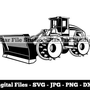 Puede incluir: Ilustración en blanco y negro de un gran vehículo de construcción con una cuchilla y dos ruedas grandes. El vehículo es un compactador utilizado para la construcción de carreteras.