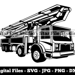 May include: Black and white illustration of a concrete pump truck. The truck has a long boom arm extending from the cab, and a large concrete mixer drum in the back. The truck is a common sight on construction sites.
