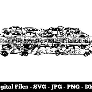 May include: Black and white illustration of a pile of wrecked cars. The cars are all different makes and models, and they are all in various states of disrepair. Some of the cars are missing parts, while others are completely crushed.