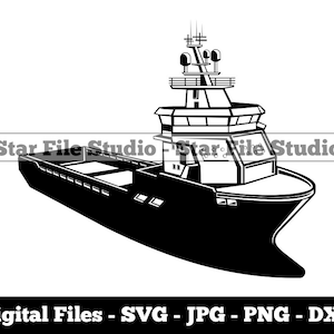 May include: Black and white silhouette of a large ship with a tall bridge and a flat deck. The ship is a tugboat or a workboat.