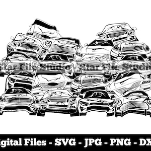 May include: Black and white illustration of a pile of cars, all facing forward. The cars are stacked on top of each other, with the front of each car visible. The illustration is a simple line drawing, with no shading or detail.