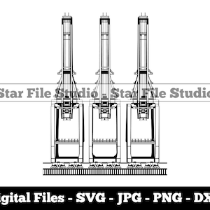 May include: A black and white line drawing of three industrial cranes. The cranes are made up of vertical beams and horizontal crossbeams. The cranes are on a platform with a series of wheels.