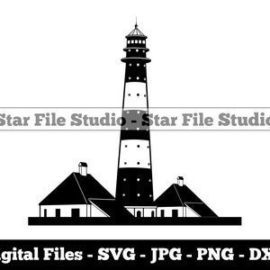 Könnte beinhalten: Schwarz-weiße Silhouette eines Leuchtturms mit einem kleinen Haus auf jeder Seite. Der Leuchtturm hat einen hohen, zylindrischen Turm mit einem spitzen Dach und einer Reihe von Fenstern. Die Häuser haben einfache, rechteckige Formen mit Satteldächern.