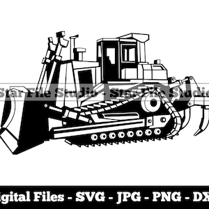 May include: Black and white illustration of a bulldozer with a large blade and tracks. The bulldozer is facing the right side of the image.