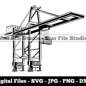May include: Black and white line art illustration of a crane, a type of industrial machinery used for lifting and moving heavy objects. The crane is shown in profile, with its boom extended and a hook suspended from it. The crane is standing on a platform with wheels.