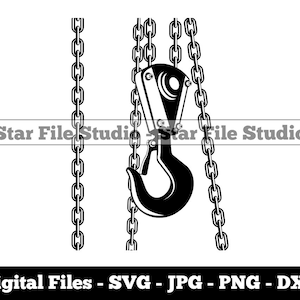 May include: Black and white illustration of a crane hook with chains hanging from it.