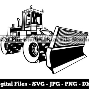 Puede incluir: Ilustración en blanco y negro de un compactador industrial de gran tamaño con una cuchilla plana grande. El compactador tiene un neumático grande y redondo en el lado derecho y un neumático redondo más pequeño en el lado izquierdo. El compactador es un tipo de equipo pesado que se utiliza para compactar tierra, grava y otros materiales.