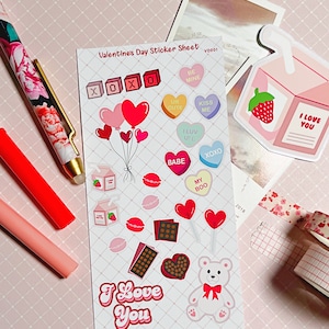 Valentine&#39;s Day Sticker Sheet | Cute Valentine&#39;s Stickers | Valentine&#39;s Day | Cute Stickers | Kawaii Decals | Bullet Journaling | Cute Deco