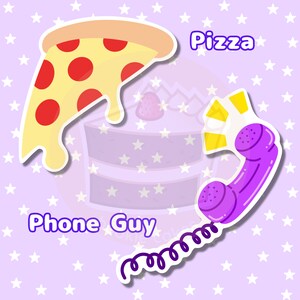 Pu&ograve; includere: Un set di adesivi con un telefono viola con un filo riccio e una fetta di pizza con pepperoni rossi. Gli adesivi sono su uno sfondo viola con stelle bianche.