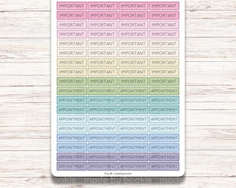 May include: Planner header stickers with pastel rainbow colors. The stickers say "Important" and "Appointment" in white text.