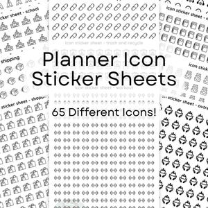 May include: Multiple white sticker sheets featuring black line art icons for planners. The sheets include various symbols such as suitcases, pills, trash cans, dumbbells, shopping bags, and school buildings. Text on the sheets reads Planner Icon Sticker Sheets and 65 Different Icons!