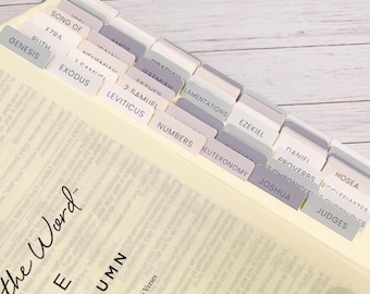 Puede incluir: Biblia abierta con pestañas adjuntas etiquetadas con nombres de libros. Las pestañas son en tonos de gris y blanco, con texto en una fuente sencilla. El libro está abierto en una página con texto impreso. Las palabras "the Word" son visibles.