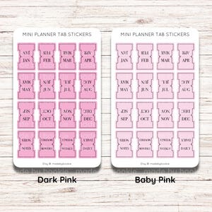 May include: Two sheets of pink planner tab stickers. The top sheet is dark pink and the bottom sheet is baby pink. Each sheet has 16 stickers with month names, such as January, February, March, and April. The sheets also have stickers for notes, monthly, weekly, and daily.