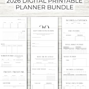 May include: A collection of digital printable planner pages for 2026. The pages include sections for daily planning, weekly habit tracking, workout planning, and budgeting. The design is minimalist with a white background and black text.