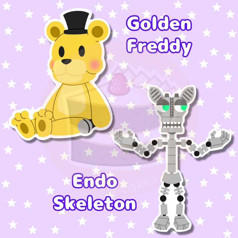 Pu&ograve; includere: Due personaggi dei cartoni animati, un orsacchiotto di peluche giallo con un cappello a cilindro nero e un robot argentato con occhi verdi. L'orso &egrave; etichettato "Golden Freddy" e il robot "Endo Skeleton".