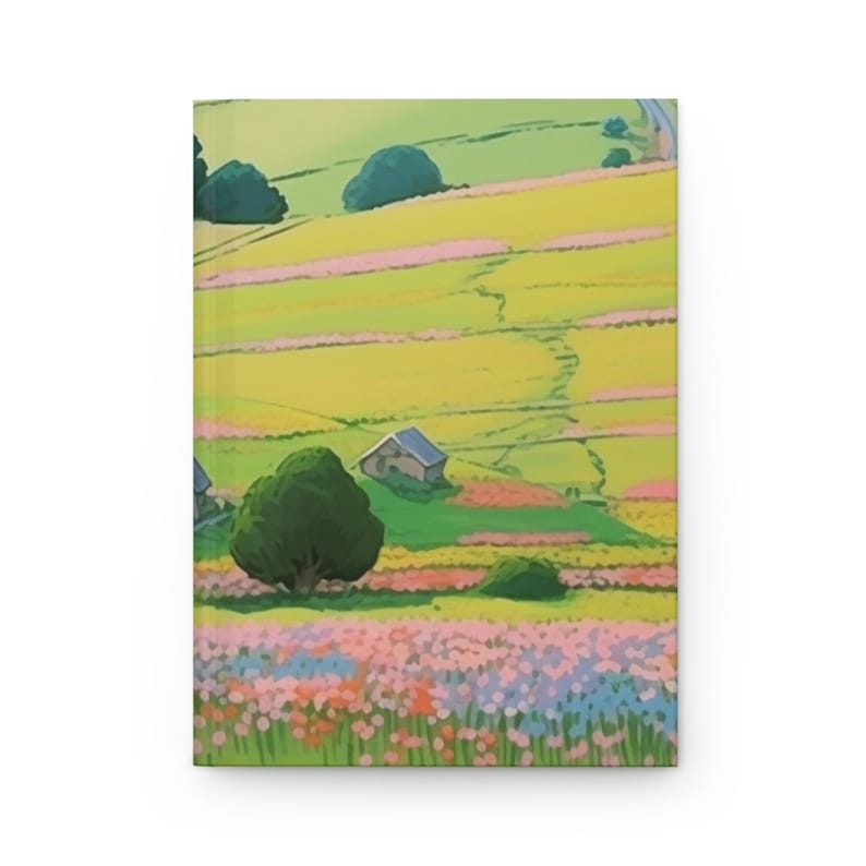 May include: A painting of a rural landscape with a field of yellow and pink flowers, a small house, and green trees. The sky is blue and the sun is shining.
