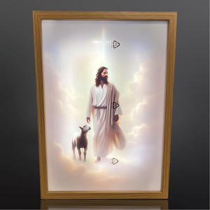 May include: A framed canvas print depicting a religious scene with Jesus Christ walking on clouds with a lamb beside him. The image is illuminated with a soft, golden light.