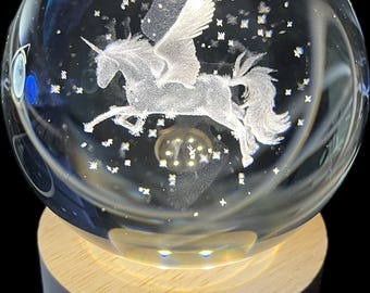 Personalized Crystal Ball Night Light: Laser Engraved Wooden Base