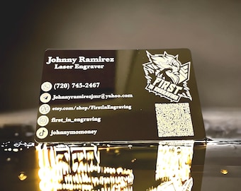 A pack of 10 laser engraved metal business cards is available in three colors