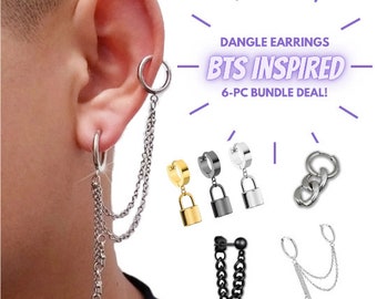 Brincos KPop 6 peças, brincos pendurados, brincos inspirados no Kpop, brincos de argola Huggie, joias nervosas, brincos de cadeado, aço inoxidável
