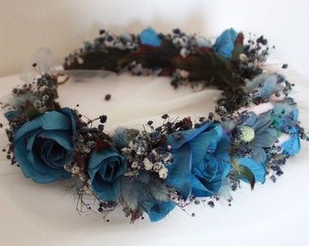 sax blue dried flower crown, flower crown, hair wreath, dried flowers crown, wedding dried flower set, blue rose crown, cotton flower crown,