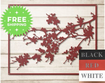 May include: Metal wall art featuring a stylized branch with blossoms. Available in black, red, white, copper, and silver.