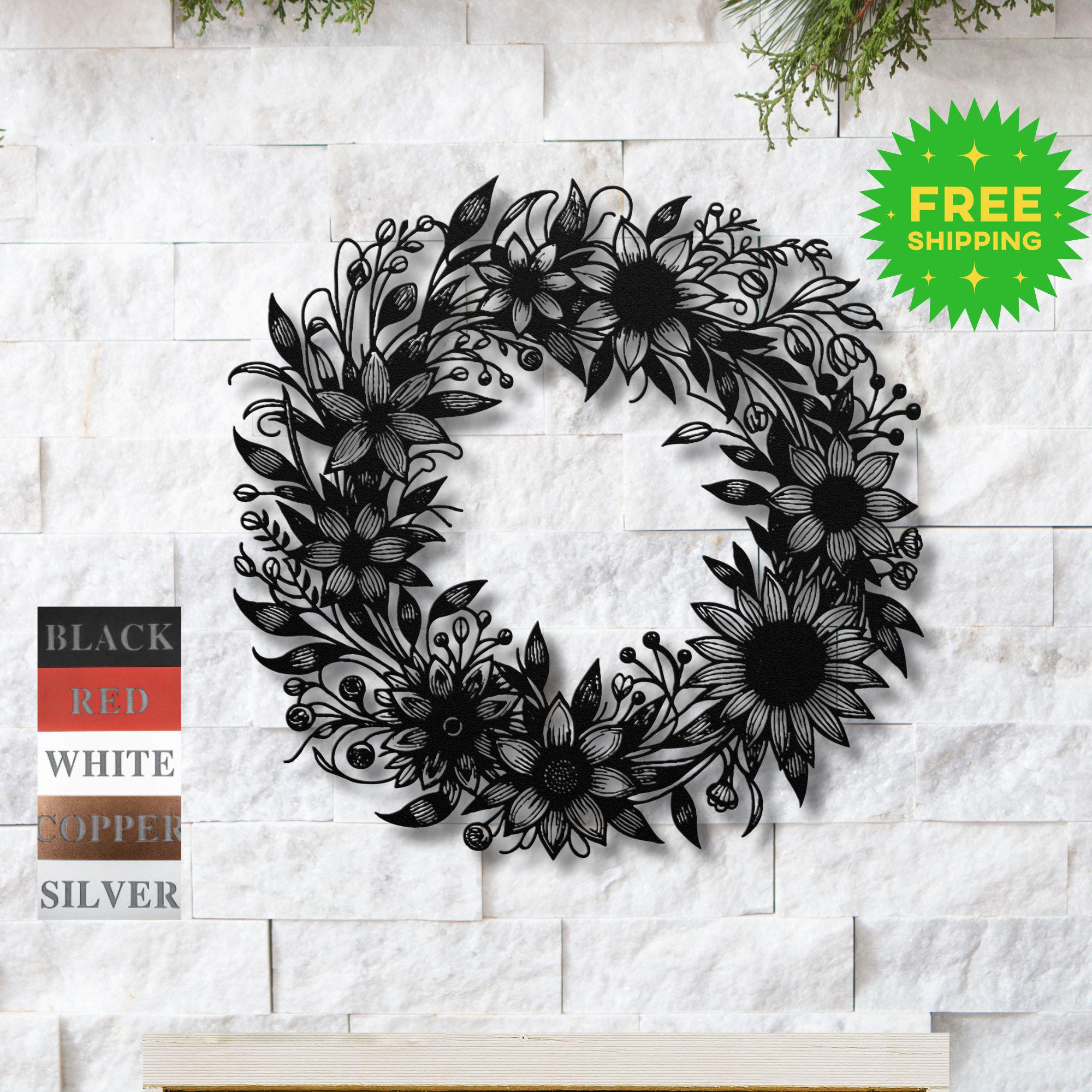 Metal Wildflower Wreath Wall Art | Botanical Floral Door Decor | Garden Outdoor Accent | Spring Summer Flower Hanging | Home Wall Decor Gift