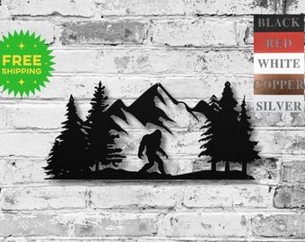 Metal Bigfoot Wall Art Sasquatch Mountain Forest Scene Metal Sign Cabin Decor Lodge Wall Hanging Outdoor Nature Art