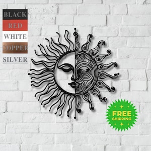 Metal Sun Face Wall Art | Celestial Sun Moon Decor | Outdoor Boho Sun Face Sign | Garden Patio Metal Art | Rustic Sun Face Wall Hanging Gift