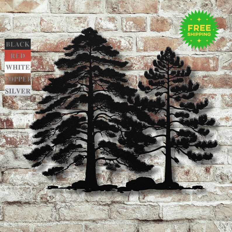 Metal Pine Tree Wall Art | Two Evergreen Forest Silhouette | Fireplace ...
