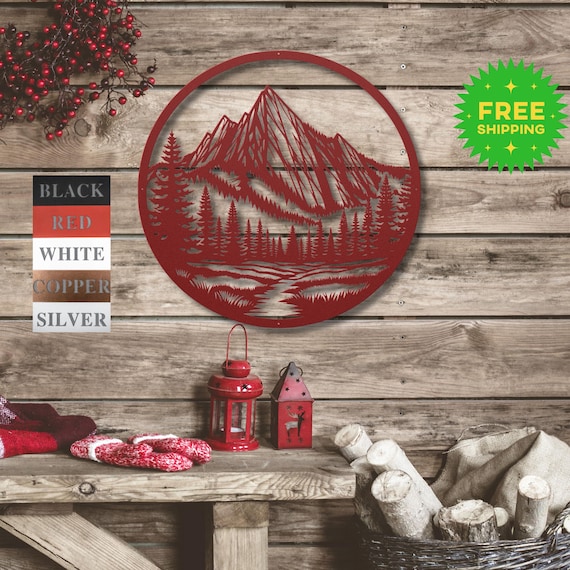 Round Metal Mountain Wall Art | Nature Forest Lake Scene | Outdoor