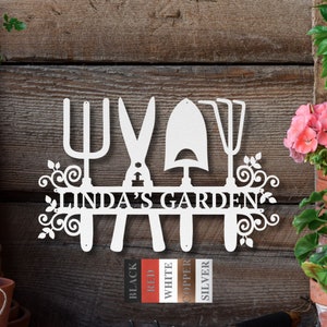 Metal Garden Sign Personalized Custom Name Wall Art Outdoor Decor Garden Tools Gift for Gardener Front Door Patio Backyard Family Name, Mom