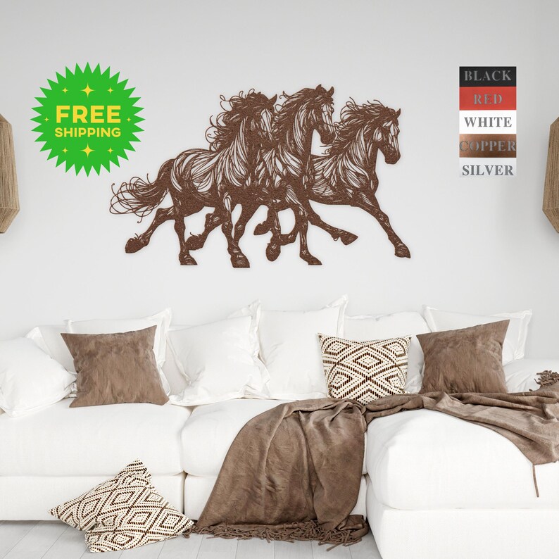May include: Metal wall art featuring three horses running in a line. The horses are brown and have flowing manes. The art is available in black, red, white, copper, or silver.