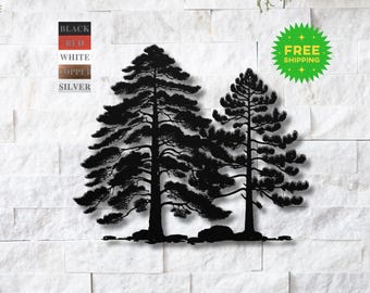 May include: Metal wall art featuring a silhouette of two pine trees against a white brick wall. The trees are black and the wall is white. The art is available in black, red, white, copper, and silver.