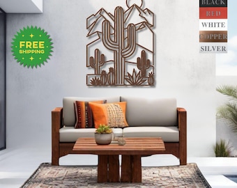 Metal Desert Landscape Wall Art, Saguaro Cactus Mountain Scene, Southwest Arizona Decor, Outdoor Metal Art, Western Wall Hanging Home Decor