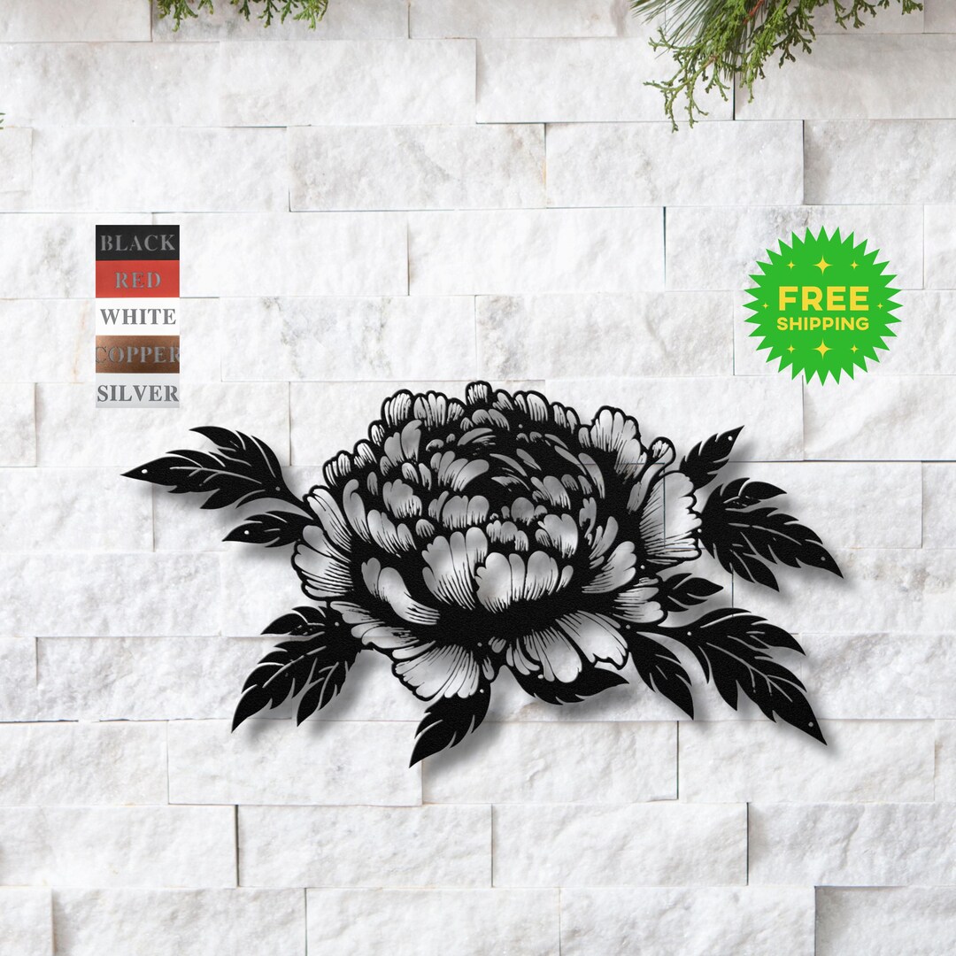 Large Metal Peony Wall Art | Black Floral Garden Decor | Spring ...