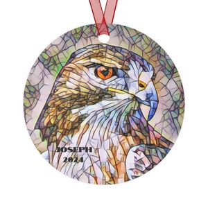 Personalized Metal Hawk Mosaic Ornament - Custom Name & Year - 3.5 Inch Gloss Coated - Scratch-Resistant - Unique Holiday Gift