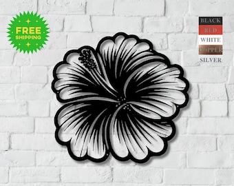 Large Metal Hibiscus Wall Art Tropical Flower Garden Decor Nature Sculpture Black Metal Beach House Coastal Island Boho Modern Wall Accent