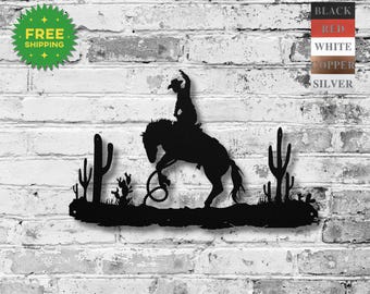 Metal Cowboy Bucking Bronco Wall Art | Western Decor | Rodeo Wall Art | Cowboy Art Print | Ranch Wall Art | Barrel Cactus | Cactus Yard Art