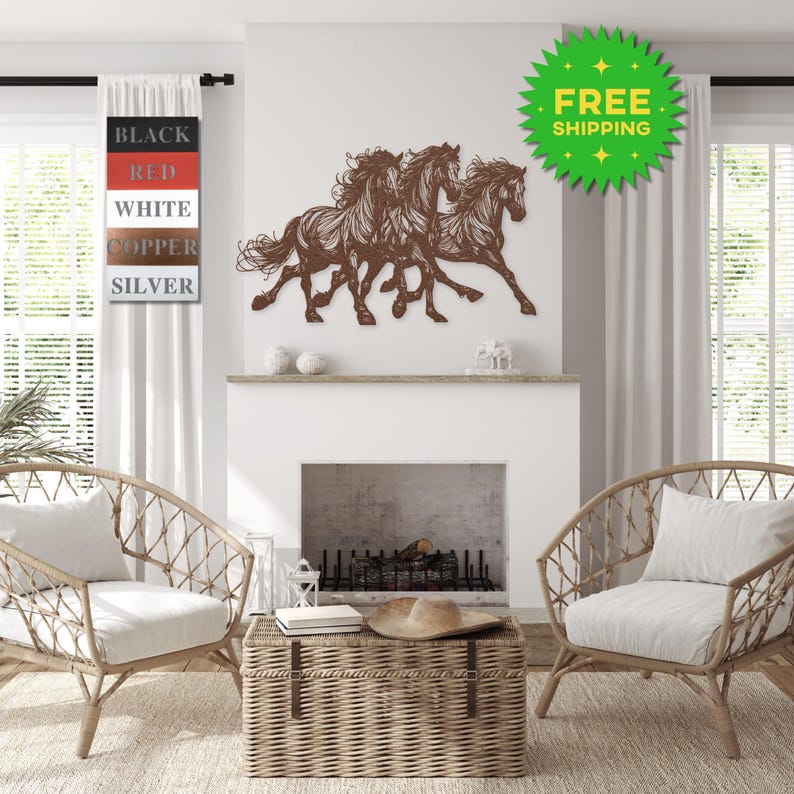 May include: Metal wall art featuring three horses running, available in black, red, white, copper, and silver. The art is displayed on a white wall above a fireplace in a living room setting.