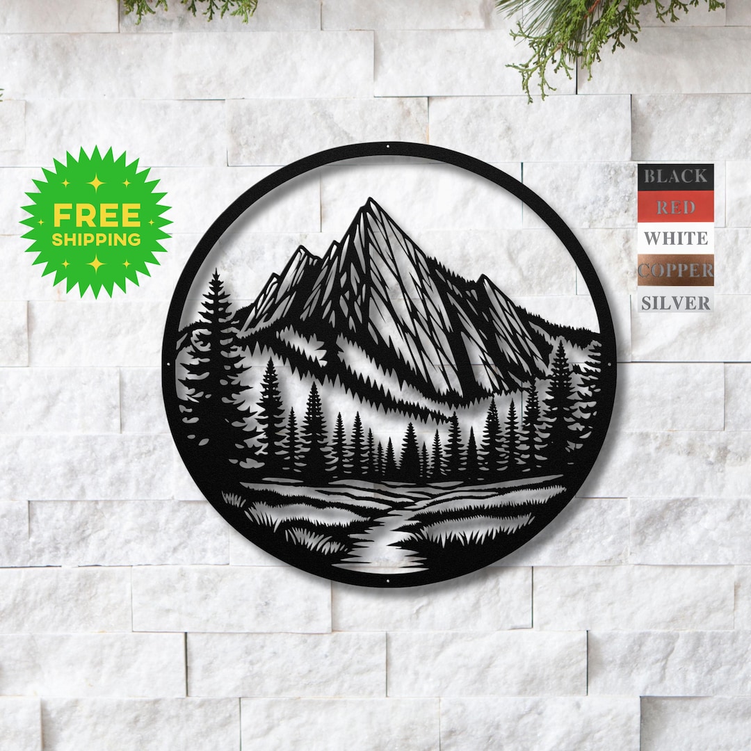 Round Metal Mountain Wall Art | Nature Forest Lake Scene | Outdoor