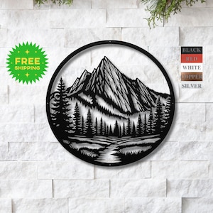 May include: Black metal wall art featuring a mountain range with a river flowing through a forest. The art is in a circular frame and is available in black, red, white, copper, and silver.